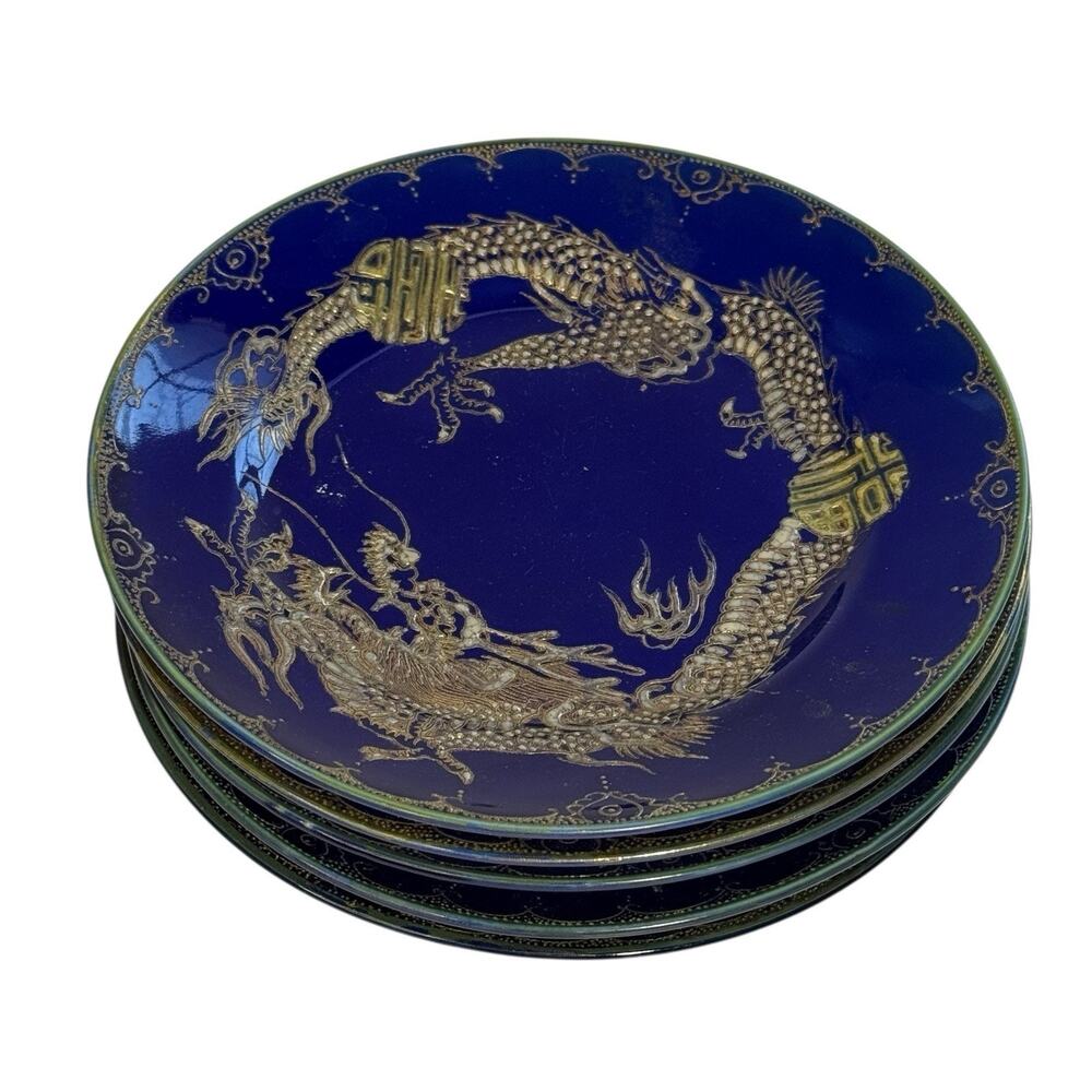 Vintage Cobalt Blue Heavy Gilt Moriage Dragon Motif 7" Plate Early 20th Century